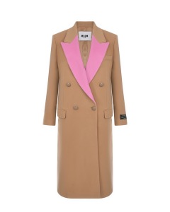 Двубортное пальто с розовыми лацканами, бежевое MSGM